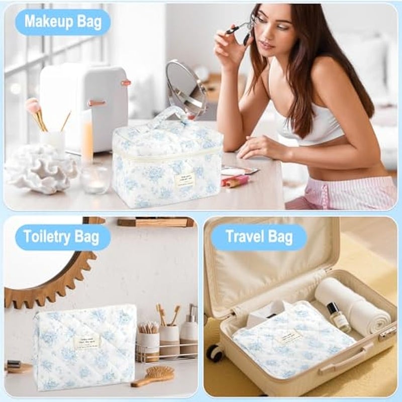 يورسكيتووس شنطة مكياج مبطنة بالقطن للنساء والفتيات من 3 قطع، شنط مستحضرات تجميل صغيرة للسفر بتصميم زهور لطيف، شنطة مكياج بسحاب للمحفظة من القماش الجمالي لتخزين الزهور ومنظم ادوات الزينة - Image 4